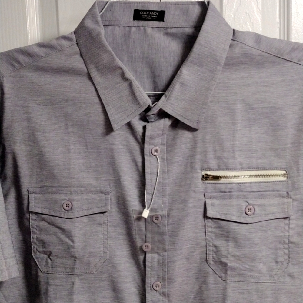 New Coofandy Men's 2XL Button Up Short Sleeve Shirt Gray Zipper Design